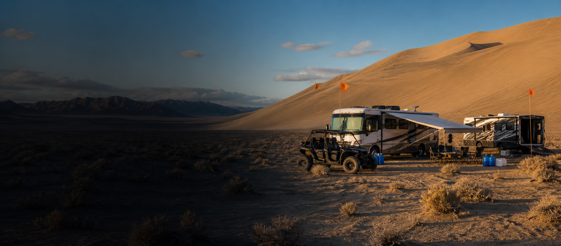 A prepared motorhome and toy hauler camp at the base of Sand Mountain in Nevada