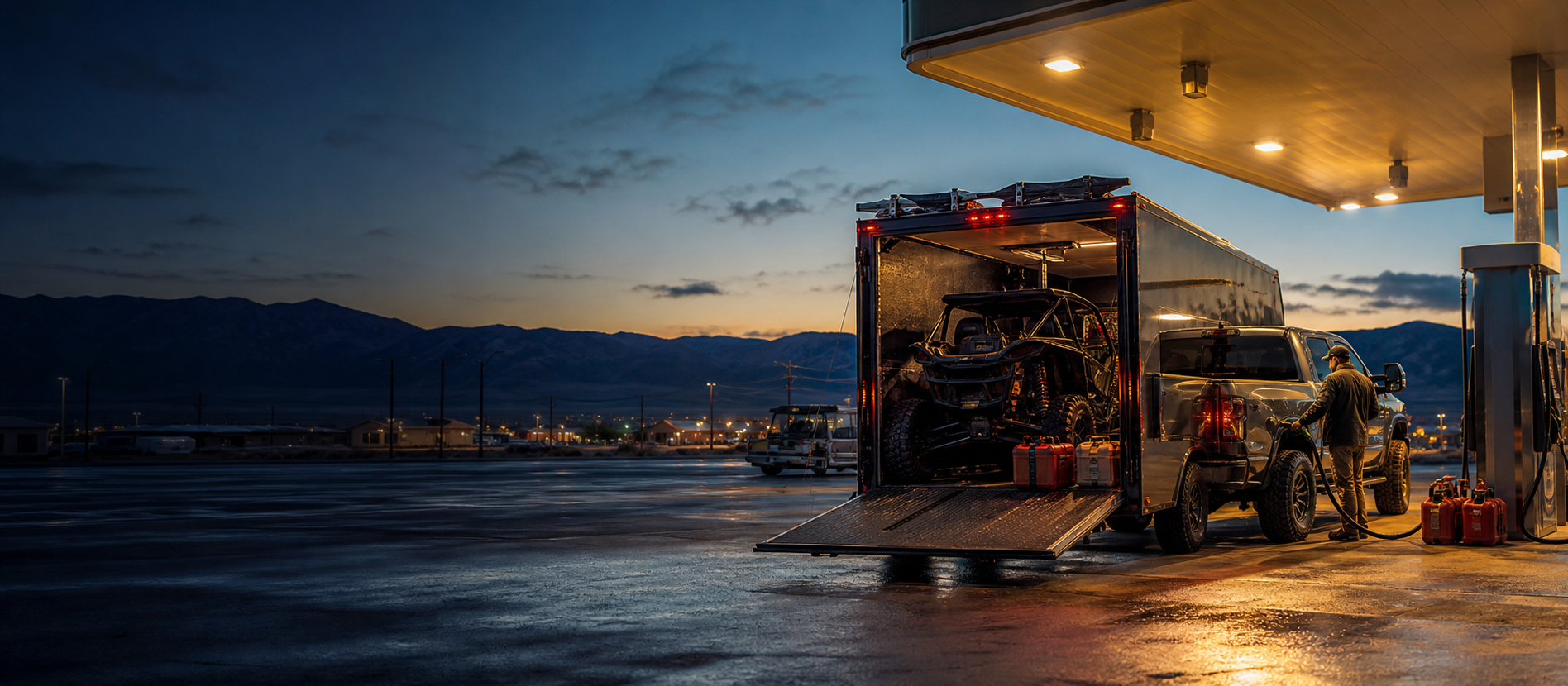 A truck and toy hauler fueling in Fallon before traveling east on U.S. Route 50 toward Sand Mountain