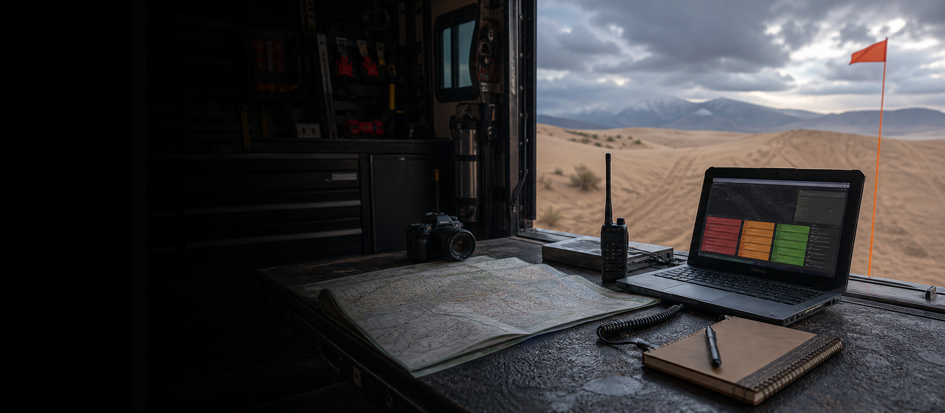 A Sand Mountain visitor checking current BLM notices and weather on a phone beside a loaded tow rig