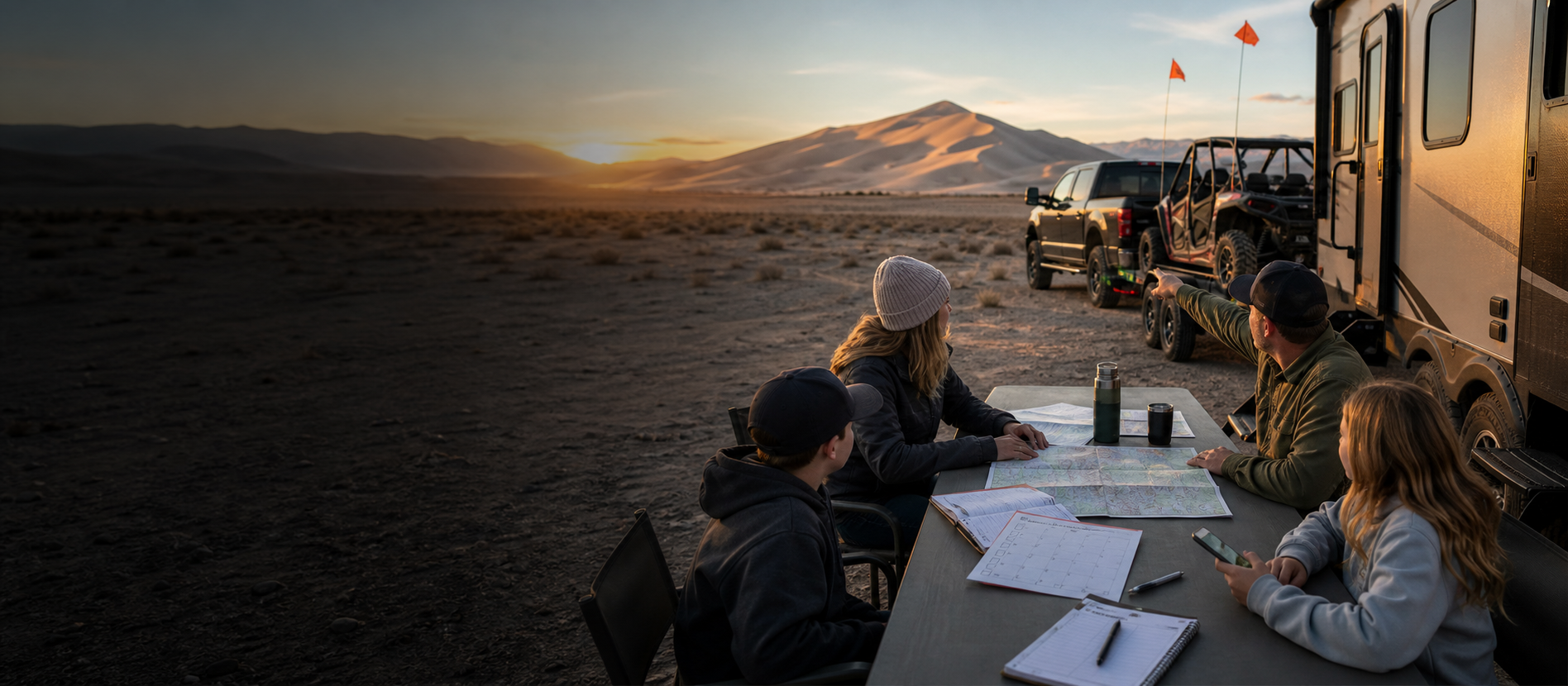 Friends planning a Sand Mountain trip with a map, checklist, and toy hauler camp beside the dunes