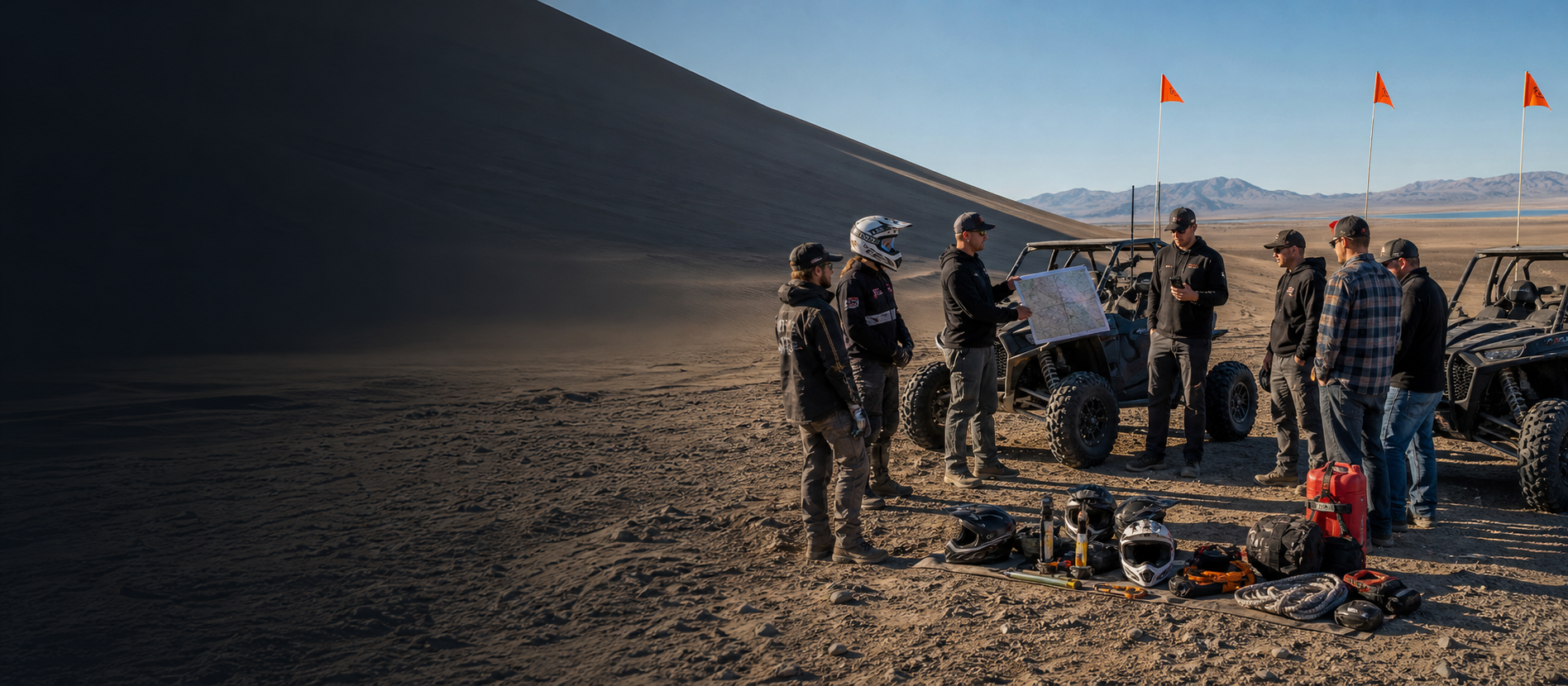 A Sand Mountain riding group reviewing maps, radios, recovery gear, and orange whip flags before departure