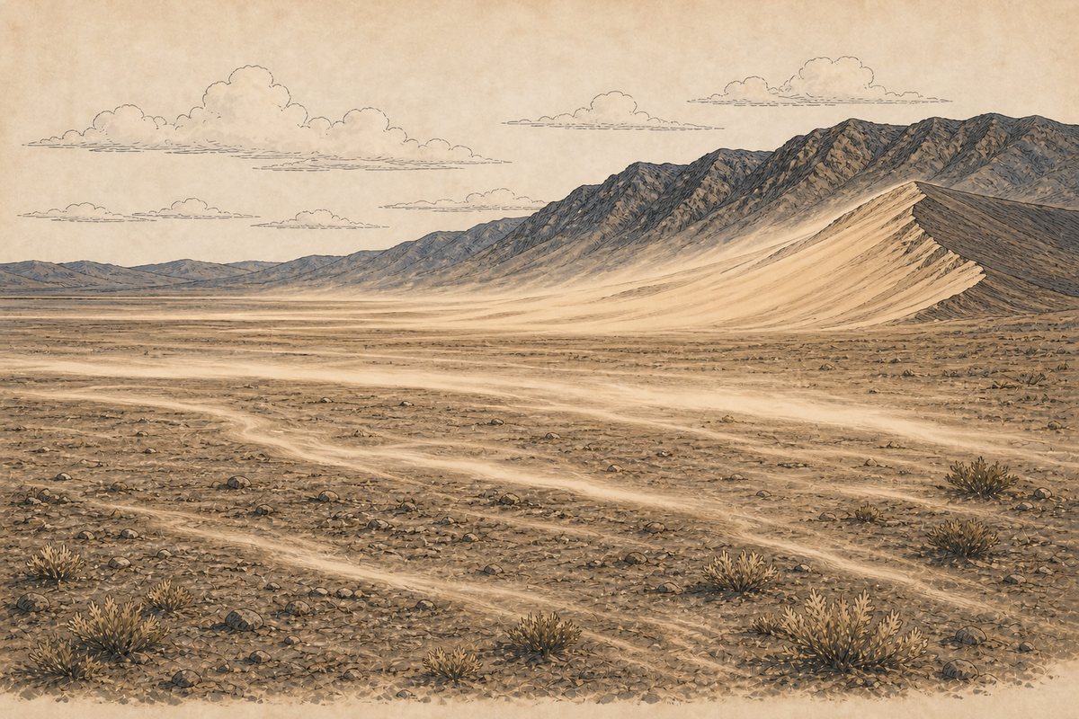 Wind carries pale lake-bed sand across Fourmile Flat and piles it against the Sand Springs Range
