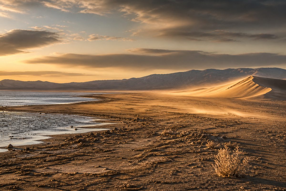 Ancient Lake Lahontan receding from the Nevada basin, exposing the lake bed sand that would later build Sand Mountain