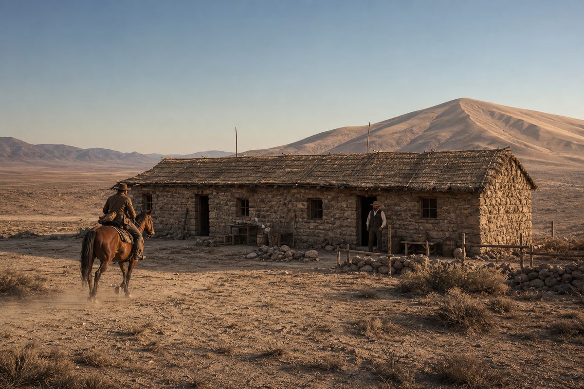 The Sand Springs Pony Express station in 1860, a low six-room building of undressed stone with a thatched willow roof at the foot of the dune