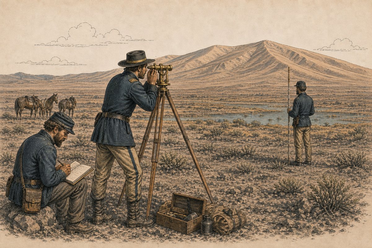 Lieutenant James H. Simpson and assistants survey Sand Springs in 1859 with a brass transit, survey rod and field notebook