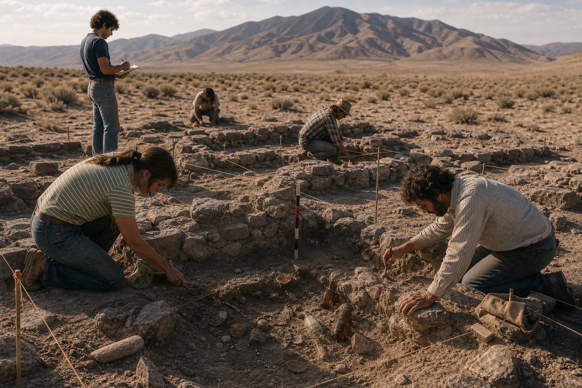 Archaeologists excavating the buried Sand Springs Pony Express station in 1976, clearing sand from the stone walls