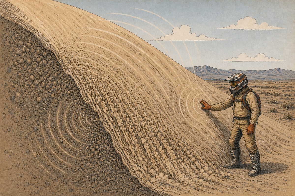 Dry rounded grains cascade together down a Sand Mountain slip face as a rider feels the low vibration