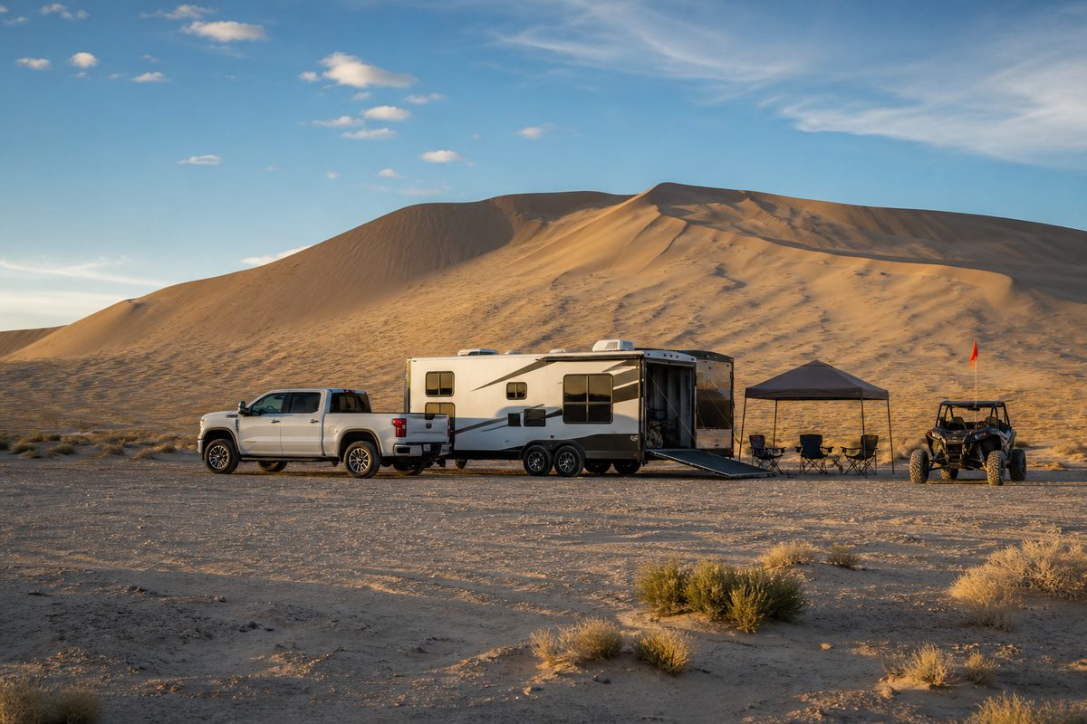 A self-contained camp of trucks and toy haulers spread across the flat ground at the base of Sand Mountain