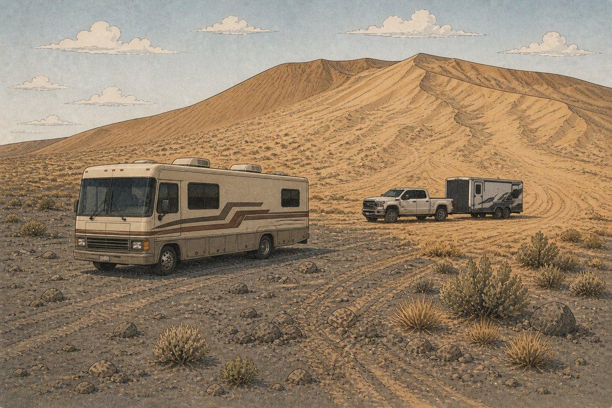 A motorhome stays on Sand Mountain hardpan while a four-wheel-drive pickup and lighter toy hauler park nearer the softer dune edge