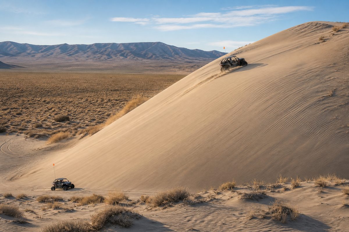The full 600-foot height of Sand Mountain with machines small against the face for scale