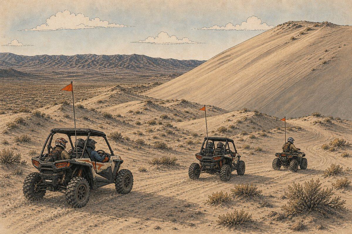 A mixed group follows a gentle orientation loop across the smaller western dunes with the main face of Sand Mountain beyond