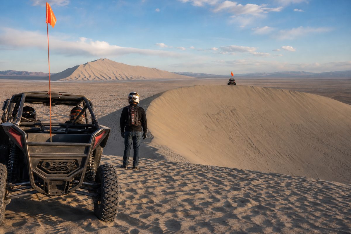 A rider approaching a dune crest where the ground beyond the ridgeline is completely hidden from view