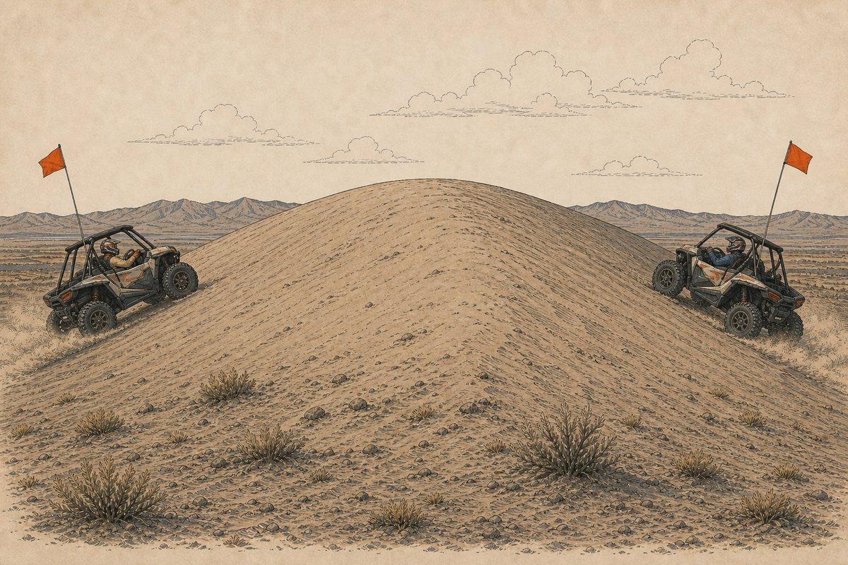 Two side-by-sides approach opposite faces of one blind crest while their tall orange flags appear above the ridgeline first