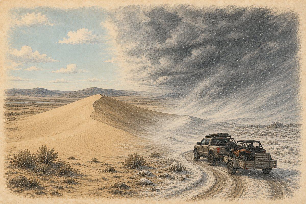 Clear winter sun gives way to a fast snow squall as a tow rig turns away from Sand Mountain