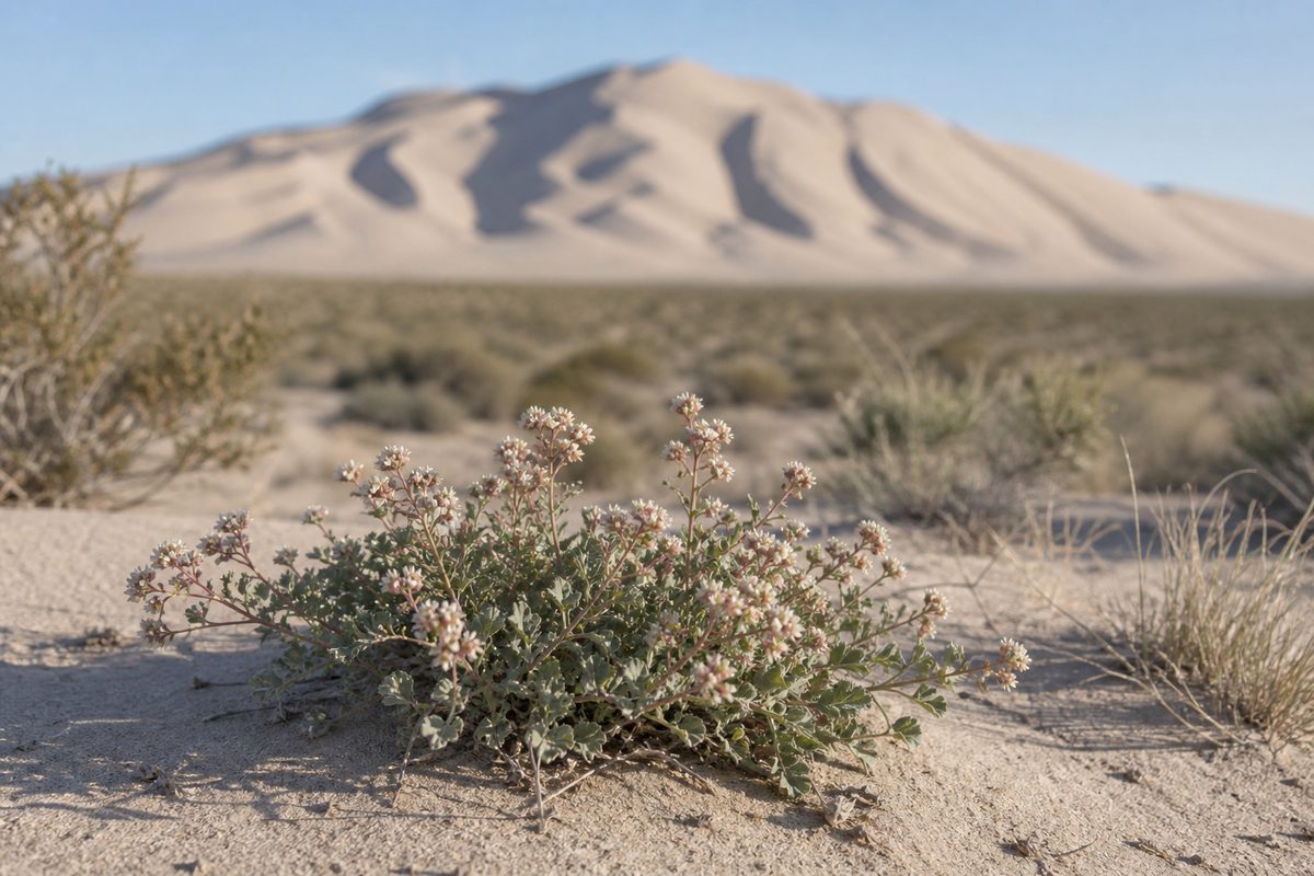 Kearney buckwheat growing in the sandy margins of the Sand Mountain recreation area, the only host plant of the Sand Mountain blue