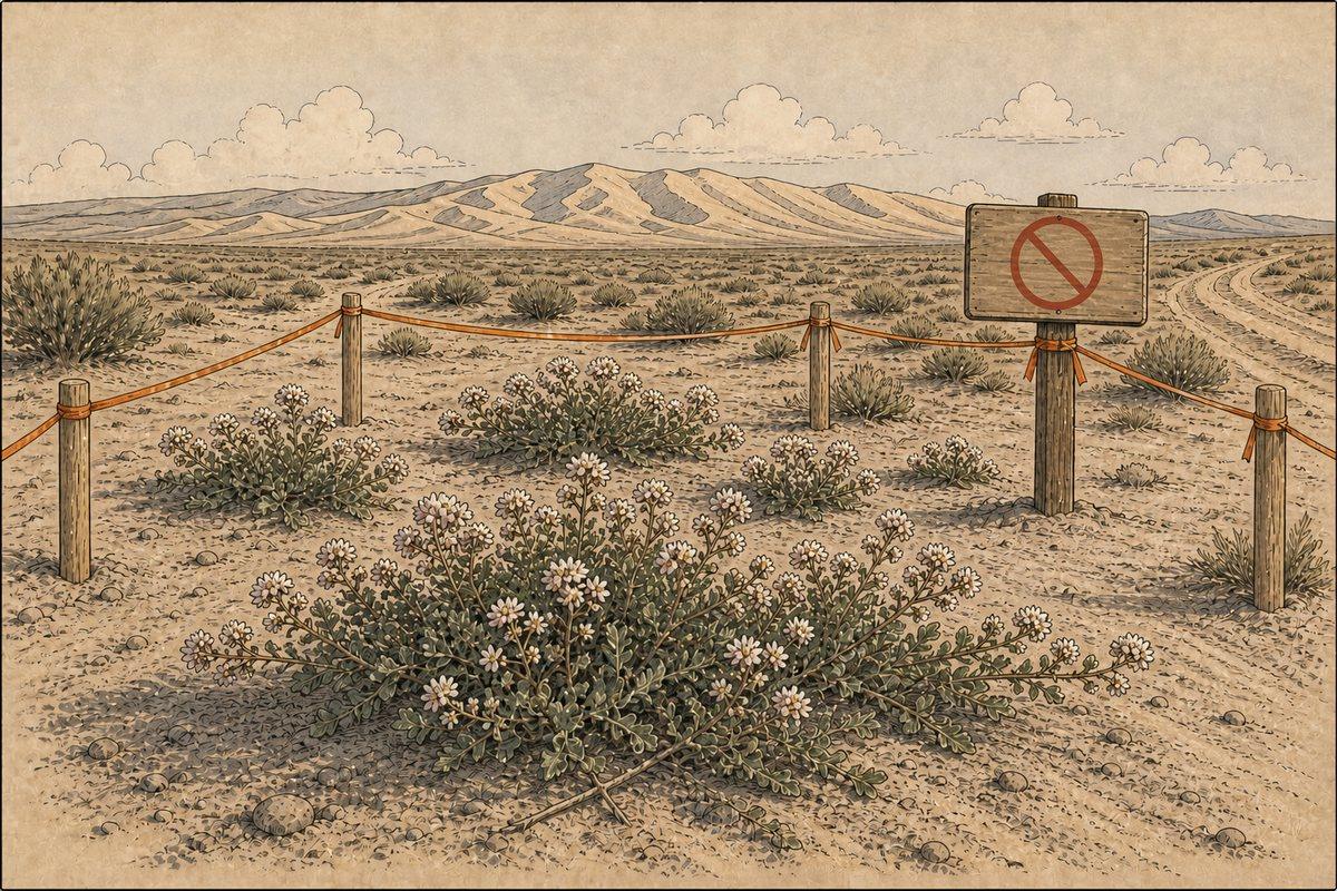 Kearney buckwheat grows inside a marked Sand Mountain habitat closure while riding tracks remain outside